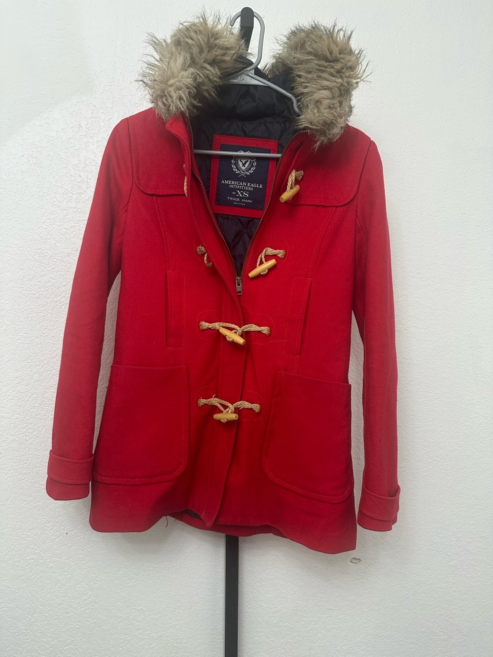 American Eagle Outfitters Red Toggle Pea Coat with Faux Fur Hood